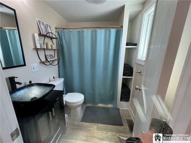 bathroom with hardwood / wood-style flooring, toilet, and vanity