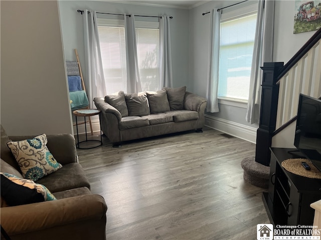 living room with ornamental molding and wood-type flooring