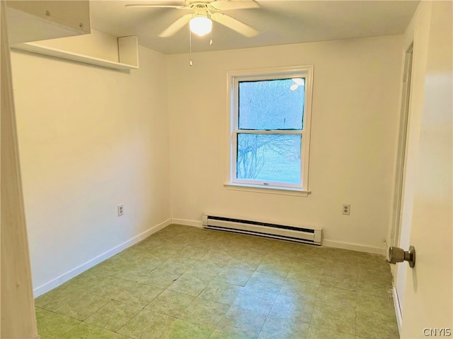 spare room featuring baseboard heating and ceiling fan