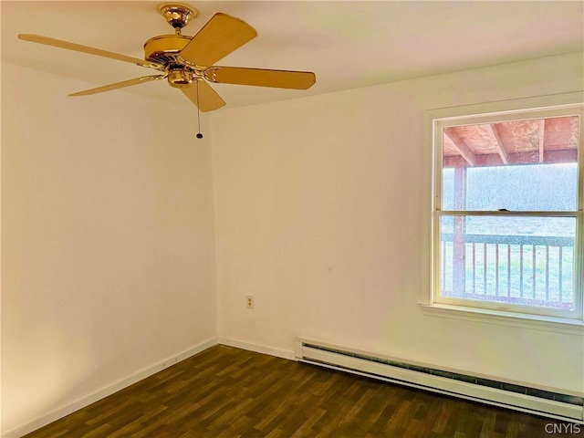 spare room with ceiling fan, dark hardwood / wood-style floors, and a baseboard radiator