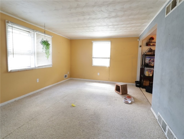 carpeted spare room featuring plenty of natural light and ornamental molding