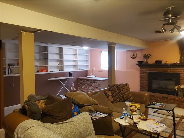 living room with a fireplace