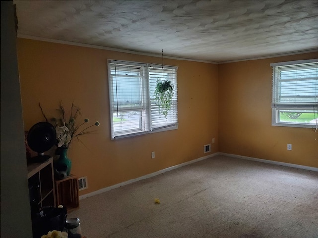 carpeted spare room with ornamental molding