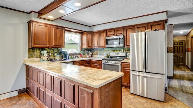 kitchen with sink, light parquet floors, backsplash, and stainless steel appliances