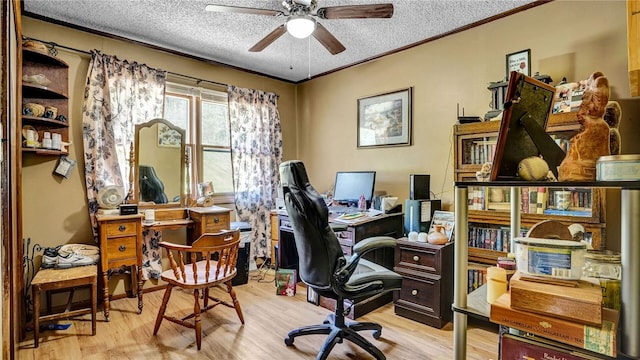 office area featuring ceiling fan, light hardwood / wood-style flooring, and a textured ceiling