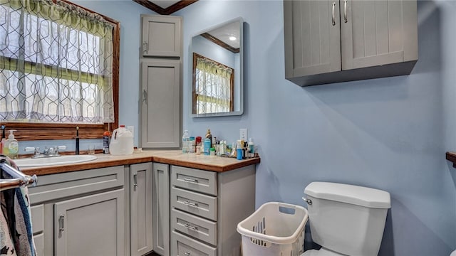 bathroom featuring vanity with extensive cabinet space, crown molding, and toilet