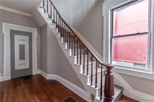 stairway with plenty of natural light, crown molding, and dark hardwood / wood-style floors