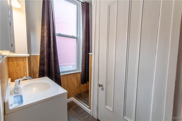 bathroom with hardwood / wood-style floors, plenty of natural light, and vanity