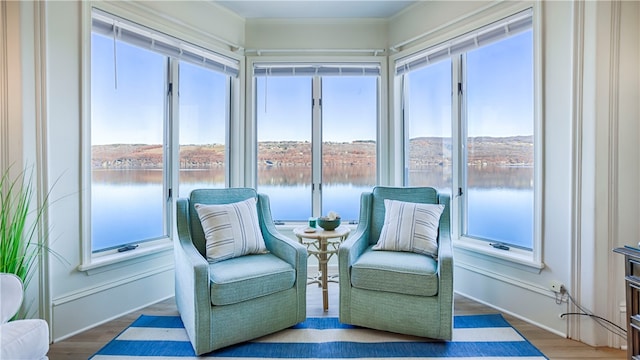 interior space featuring crown molding, a water view, and wood-type flooring