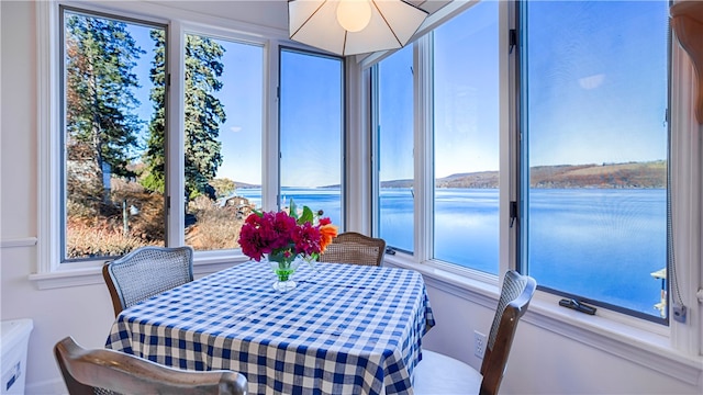 sunroom / solarium with a water view