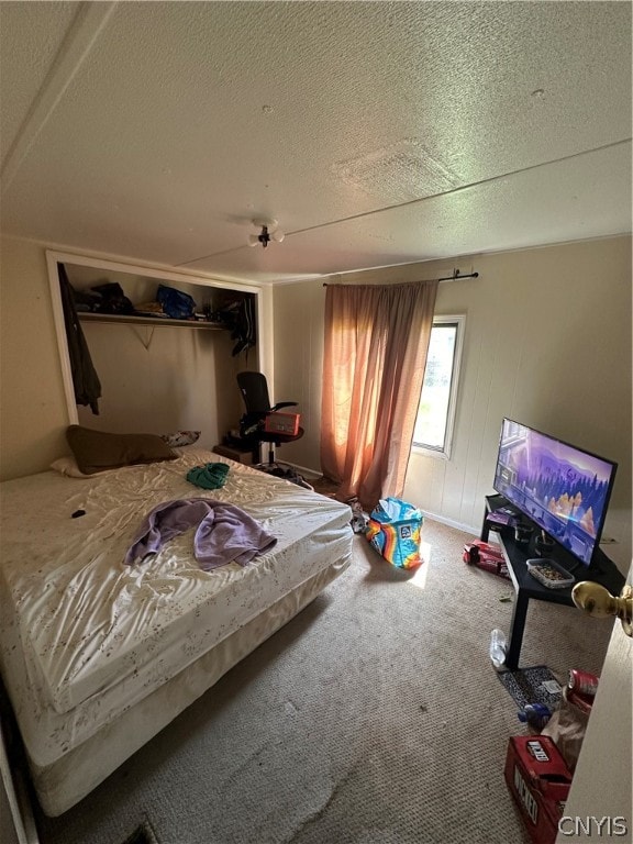 carpeted bedroom with a textured ceiling