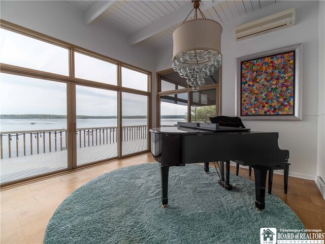 2 Elm Ln, Chautauqua, NY 14722 - living area featuring baseboards, a wall mounted AC, beam ceiling, a water view, and wooden ceiling