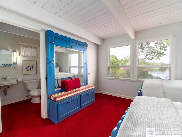 2 Elm Ln, Chautauqua, NY 14722 - bedroom featuring dark colored carpet, baseboards, beam ceiling, and connected bathroom