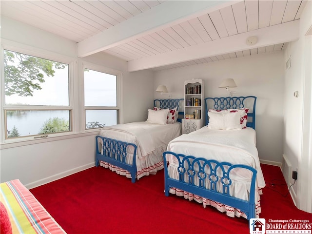 2 Elm Ln, Chautauqua, NY 14722 - bedroom featuring beam ceiling, a water view, carpet flooring, baseboards, and wood ceiling