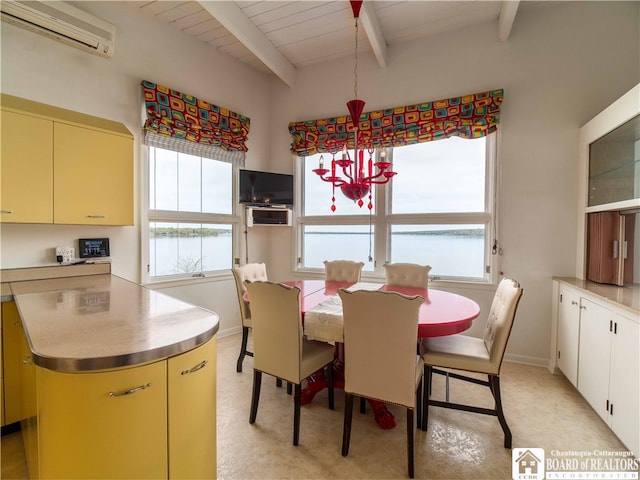 2 Elm Ln, Chautauqua, NY 14722 - dining space featuring beamed ceiling, wooden ceiling, a wall mounted air conditioner, and baseboards