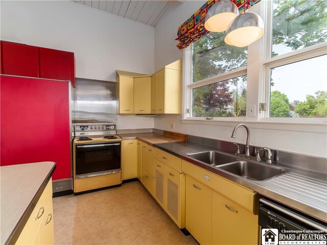 2 Elm Ln, Chautauqua, NY 14722 - kitchen with stainless steel countertops, dishwasher, range with electric stovetop, fridge, and a sink