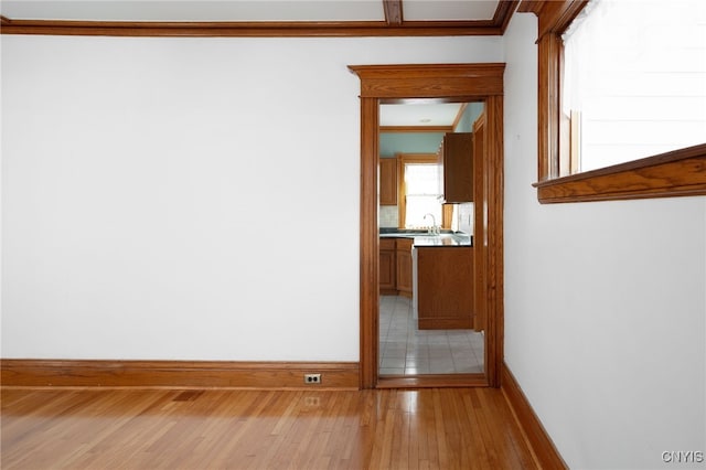 spare room with crown molding and light hardwood / wood-style flooring