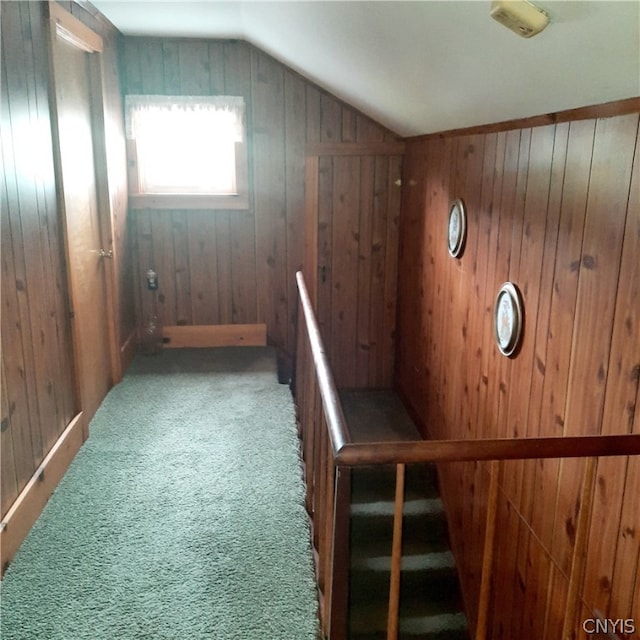 additional living space with wooden walls, carpet, and vaulted ceiling