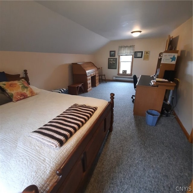 bedroom with dark carpet, a baseboard radiator, and vaulted ceiling