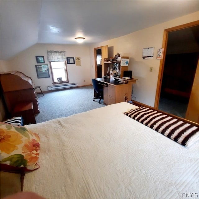 carpeted bedroom with lofted ceiling and baseboard heating