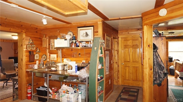 interior space featuring wooden walls