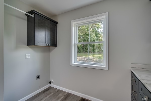 22217 Freedom Dr, Champion, NY 13619 - laundry room featuring cabinets, hardwood / wood-style flooring, and electric dryer hookup