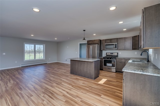 22217 Freedom Dr, Champion, NY 13619 - kitchen featuring light hardwood / wood-style floors, stainless steel appliances, baseboard heating, a center island, and sink