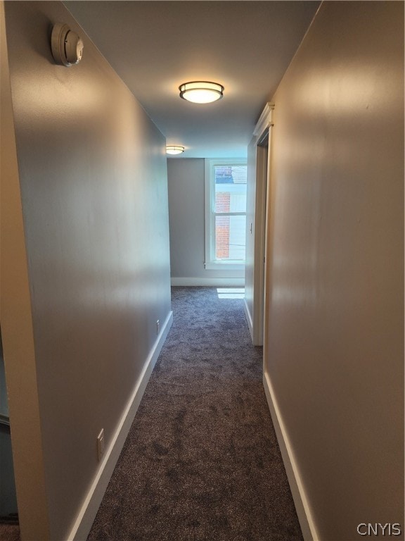 hallway with dark colored carpet