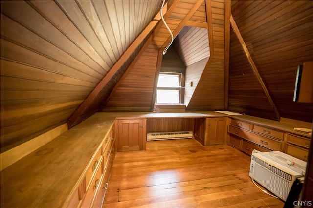 bonus room with baseboard heating, lofted ceiling, wood ceiling, and light hardwood / wood-style floors