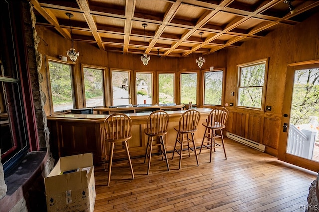 sunroom / solarium with wood ceiling, beam ceiling, bar area, baseboard heating, and coffered ceiling