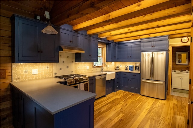 kitchen with appliances with stainless steel finishes, beamed ceiling, sink, tasteful backsplash, and wood ceiling