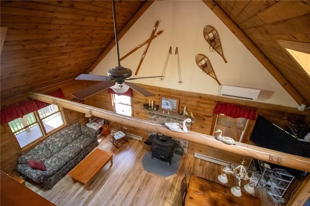 living room featuring wooden walls, a healthy amount of sunlight, and wooden ceiling