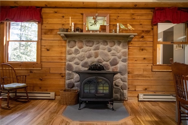 room details featuring wood-type flooring, baseboard heating, a wood stove, and wood walls