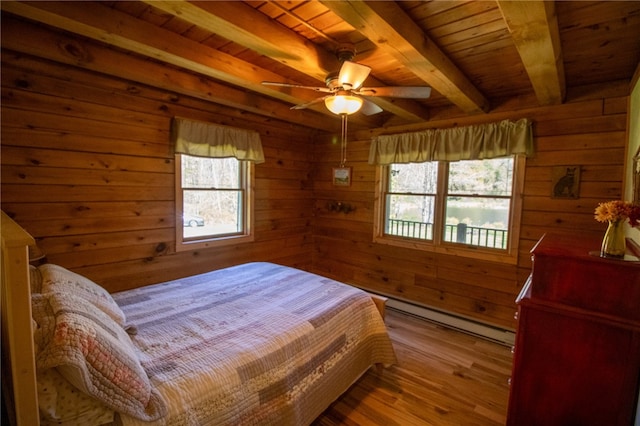 bedroom featuring beamed ceiling, wood-type flooring, baseboard heating, wood ceiling, and ceiling fan