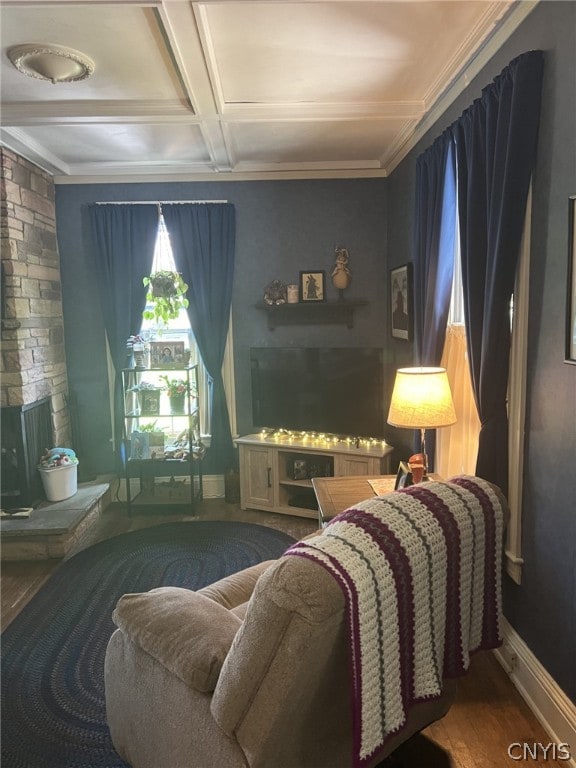 living room featuring hardwood / wood-style floors and coffered ceiling