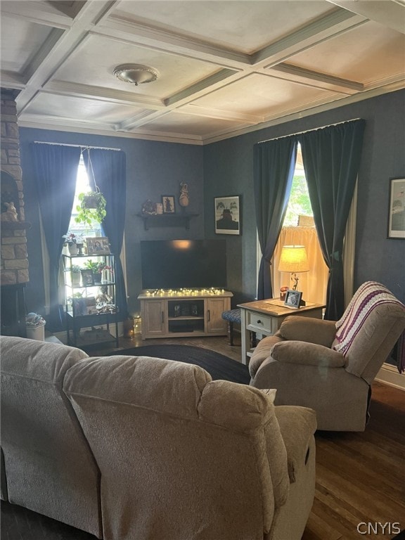 living room with beamed ceiling, hardwood / wood-style flooring, and coffered ceiling