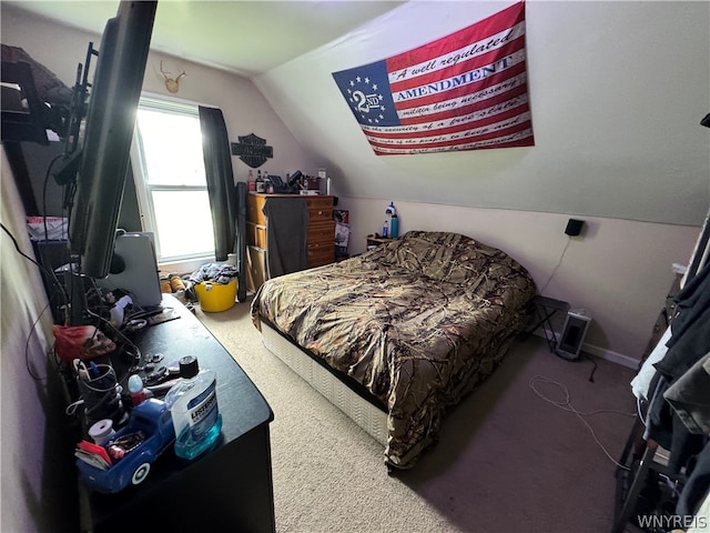 bedroom featuring carpet and vaulted ceiling