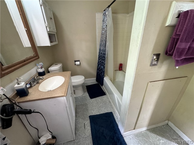 full bathroom with vanity, toilet, tile floors, and shower / tub combo with curtain