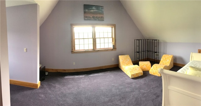 unfurnished room featuring dark colored carpet and lofted ceiling