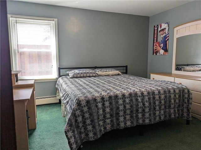 bedroom with carpet and a baseboard heating unit