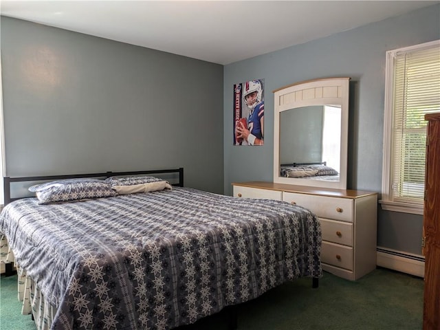 carpeted bedroom featuring a baseboard radiator