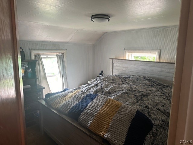 bedroom featuring lofted ceiling