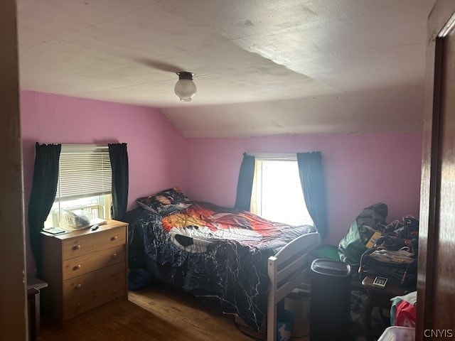 bedroom with hardwood / wood-style floors and lofted ceiling