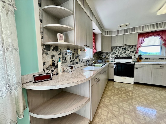 kitchen featuring sink, electric range, and backsplash