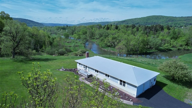 birds eye view of property featuring a water and mountain view