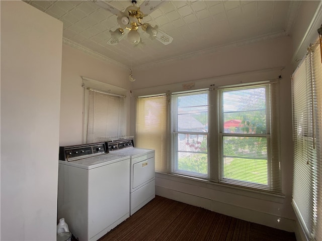 washroom featuring washer and clothes dryer, a wealth of natural light, ornamental molding, and ceiling fan