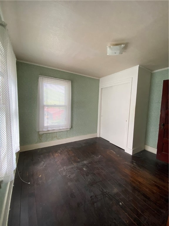 interior space featuring crown molding and dark wood-type flooring