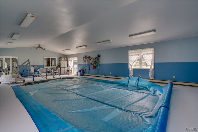 view of pool featuring ceiling fan