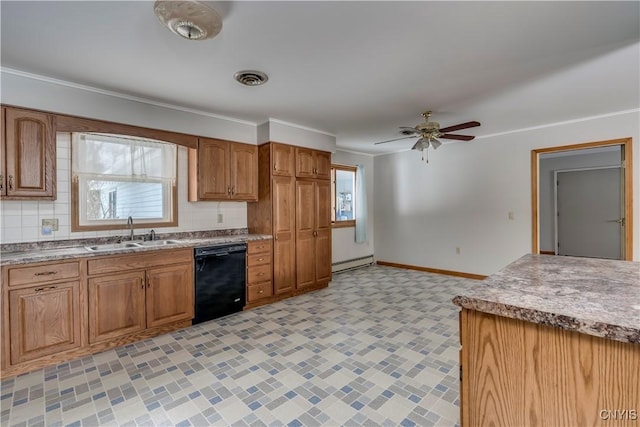 kitchen with sink, backsplash, a baseboard radiator, and dishwasher