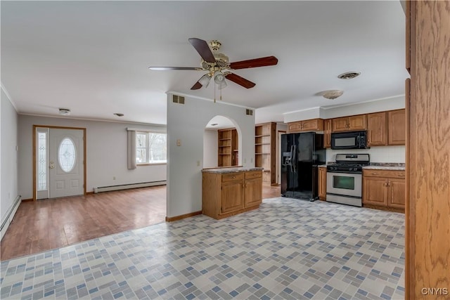 kitchen with ceiling fan, a baseboard radiator, ornamental molding, and black appliances